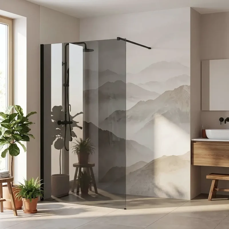 Walk-In Duschwand Flexi grau getöntes Glas Schwarz Matt 80-140 cm