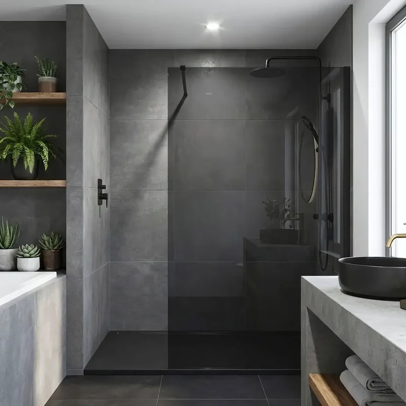 Walk-In Duschwand Flexi grau getöntes Glas Schwarz Matt 80-140 cm