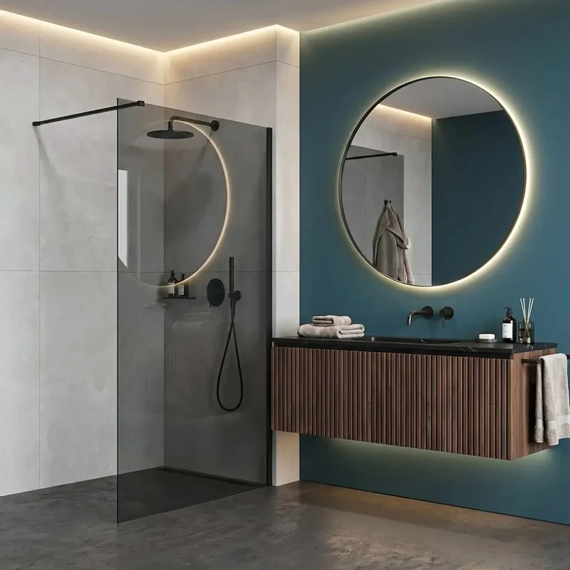 Walk-In Duschwand Flexi grau getöntes Glas Schwarz Matt 80-140 cm