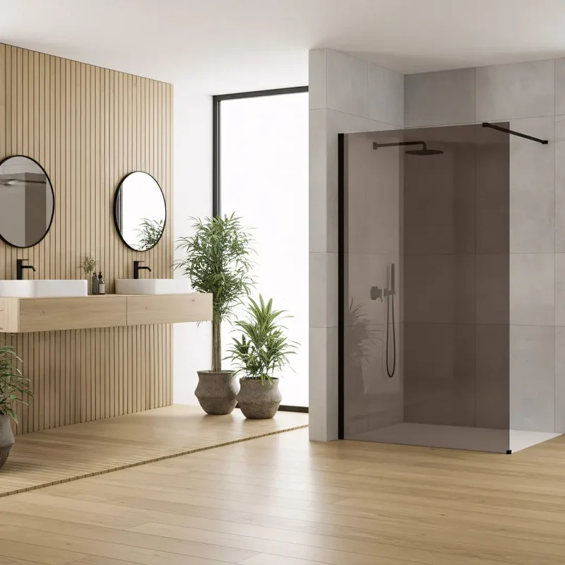 Walk-In Duschwand Flexi braun getöntes Glas Schwarz Matt 90-130cm