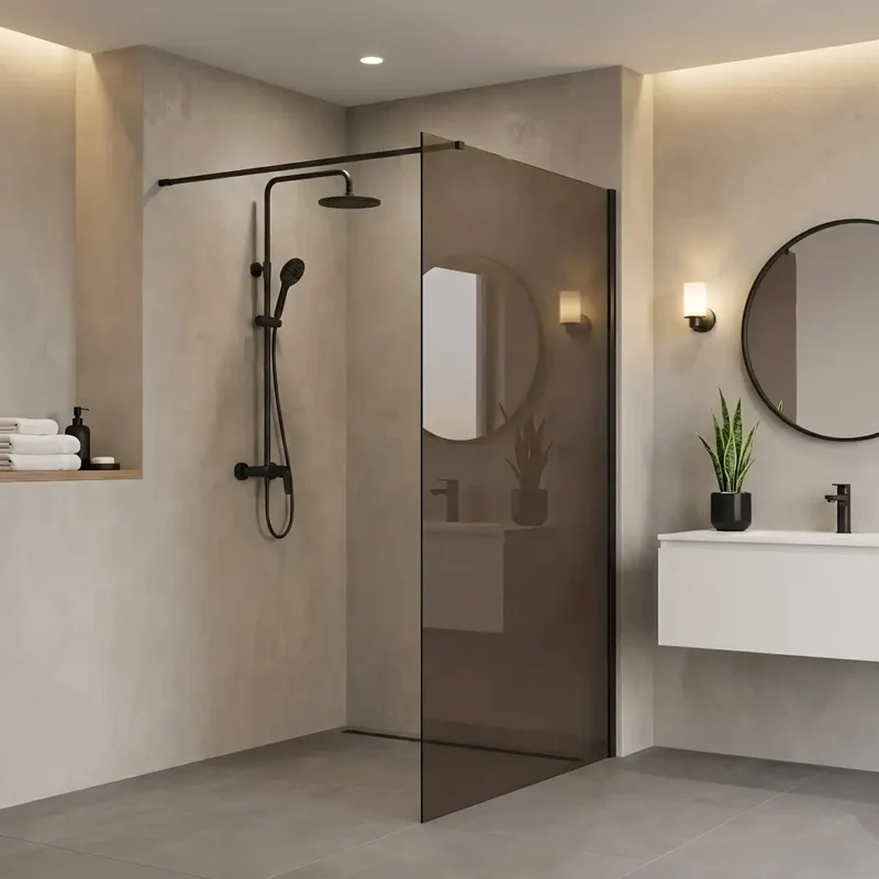 Walk-In Duschwand Flexi braun getöntes Glas Schwarz Matt 90-130cm