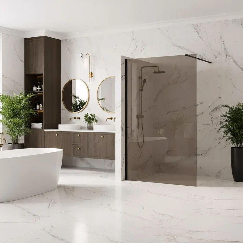 Walk-In Duschwand Flexi braun getöntes Glas Schwarz Matt 90-130cm