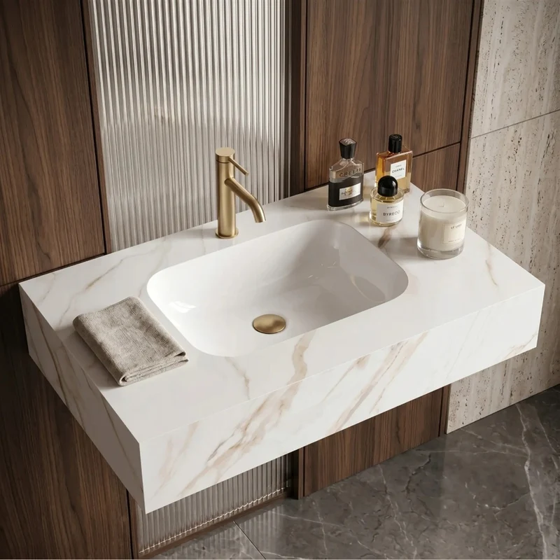 Wandwaschbecken Aresa Grau Gold 80 × 50 cm – Weiß Steinoptik