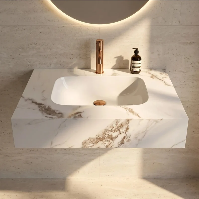 Wandwaschbecken Aresa Cold Jade 70 × 50 cm – Weiß Steinoptik