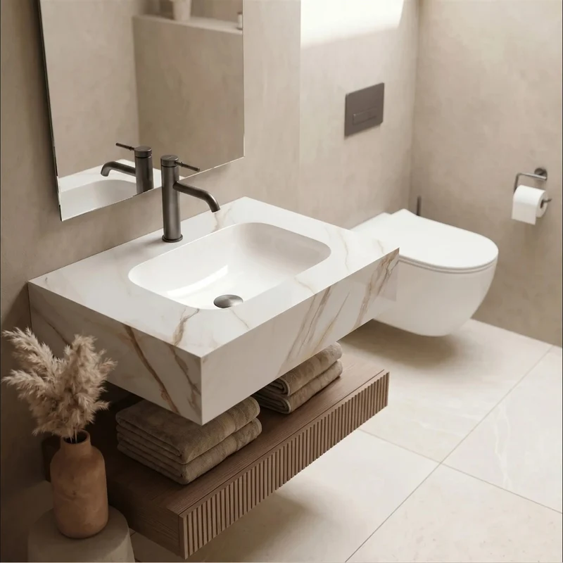 Wandwaschbecken Aresa Grau Gold 70 × 50 cm – Weiß Steinoptik