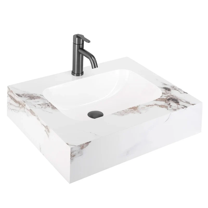 Wandwaschbecken Aresa Cold Jade 60 × 50 cm – Weiß Steinoptik