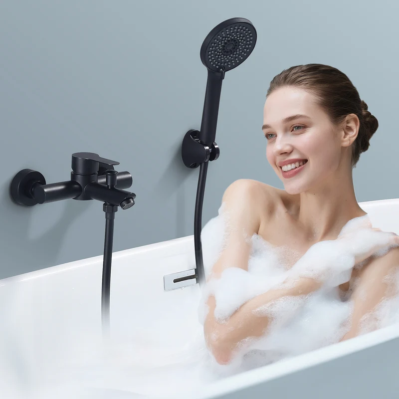 Homelody Wannenarmatur Badewannenarmatur Set Schwarz mit 4-strahliger Handbrause,Edelstahl