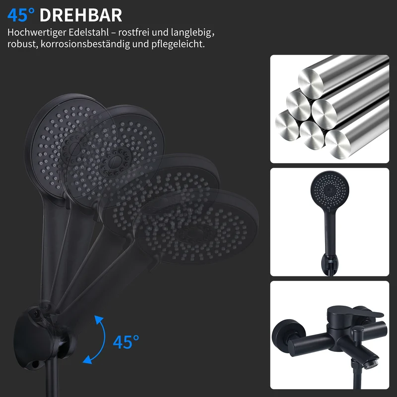 Homelody Wannenarmatur Badewannenarmatur Set Schwarz mit 4-strahliger Handbrause,Edelstahl