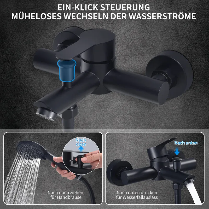 Homelody Wannenarmatur Badewannenarmatur Set Schwarz mit 4-strahliger Handbrause,Edelstahl