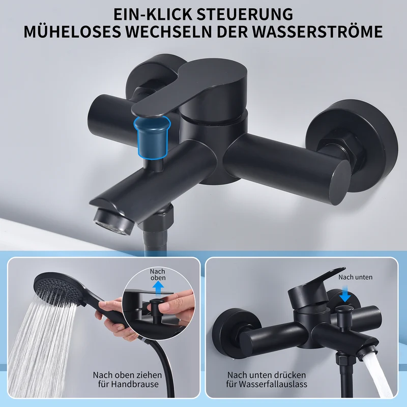 Homelody Wannenarmatur Badewannenarmatur Set Schwarz mit 4-strahliger Handbrause,Edelstahl