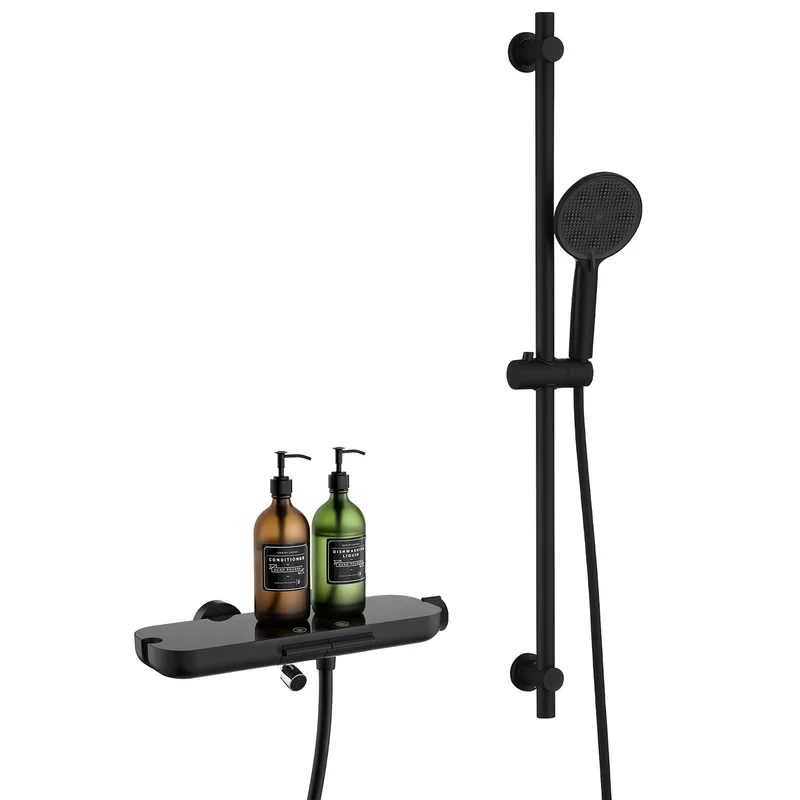 Homelody Brausegarnitur Badewannenarmatur Duschset mit Ablage, 5F Handbrause, höhenverstellbar, 3 Strahlart(en), 900 mm Höhenverstellbare Duschstange mit schwenkbarem Auslauf