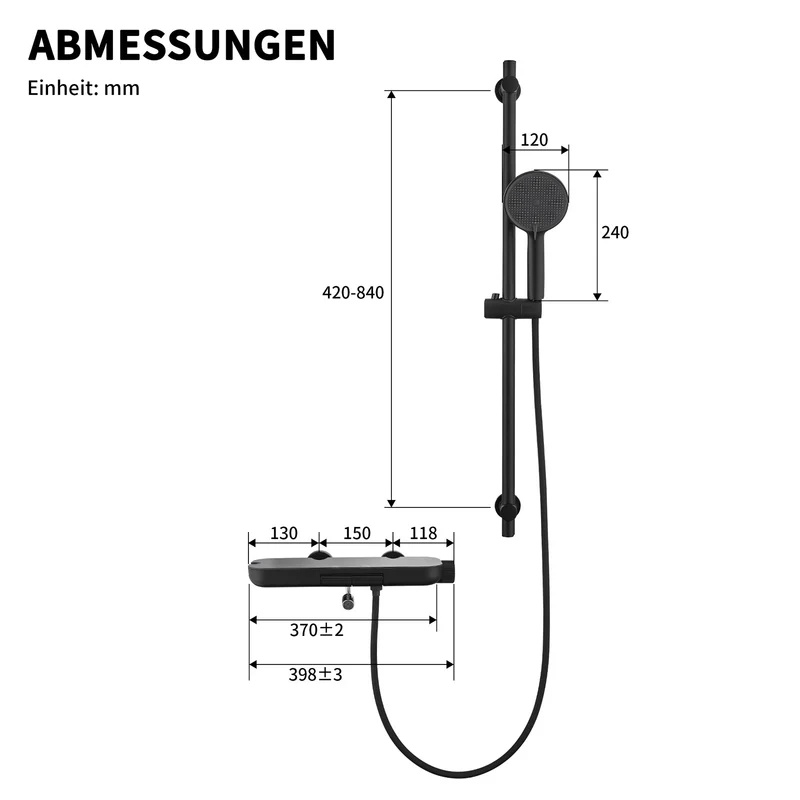 Homelody Brausegarnitur Badewannenarmatur Duschset mit Ablage, 5F Handbrause, höhenverstellbar, 3 Strahlart(en), 900 mm Höhenverstellbare Duschstange mit schwenkbarem Auslauf