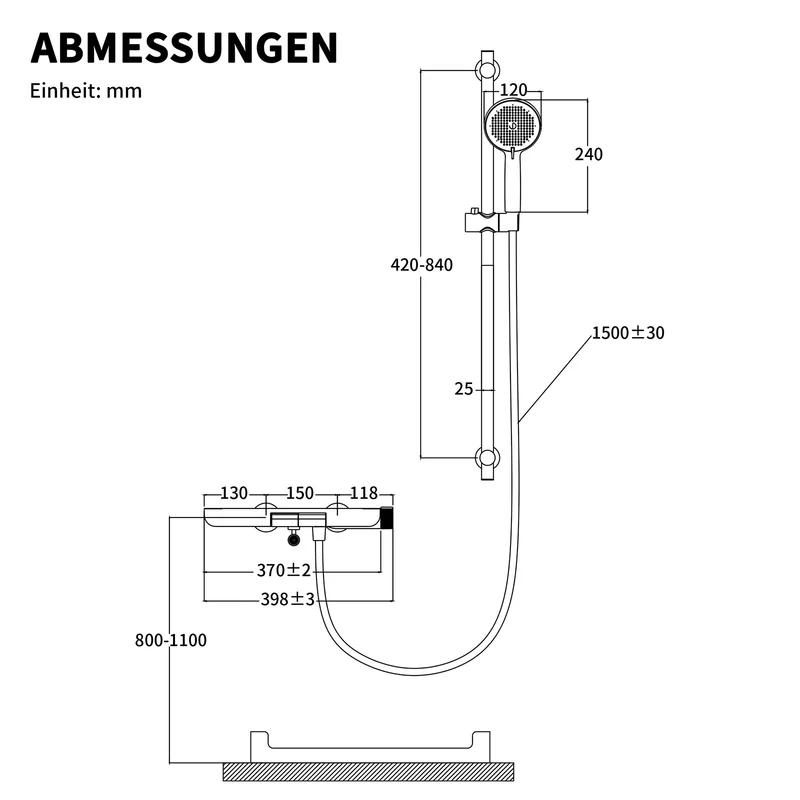 Homelody Brausegarnitur Badewannenarmatur Duschset mit Ablage, 5F Handbrause, höhenverstellbar, 3 Strahlart(en), 900 mm Höhenverstellbare Duschstange mit schwenkbarem Auslauf