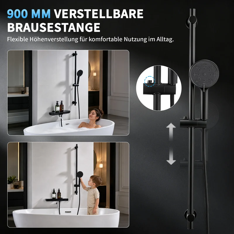 Homelody Brausegarnitur Badewannenarmatur Duschset mit Ablage, 5F Handbrause, höhenverstellbar, 3 Strahlart(en), 900 mm Höhenverstellbare Duschstange mit schwenkbarem Auslauf