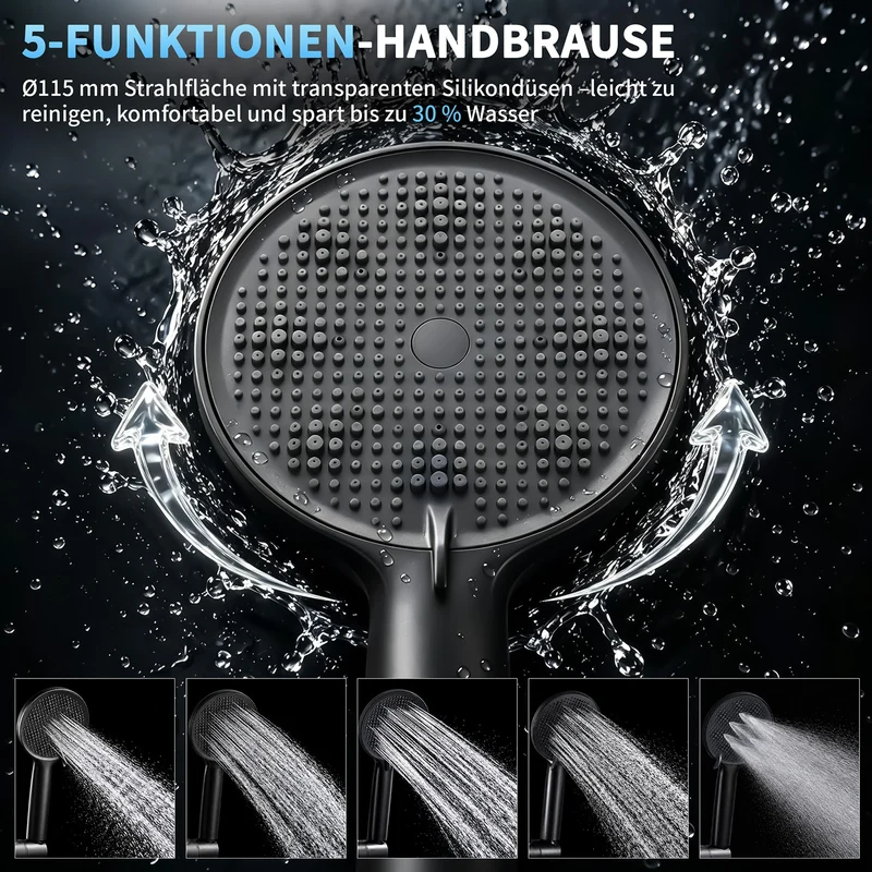 Homelody Brausegarnitur Badewannenarmatur Duschset mit Ablage, 5F Handbrause, höhenverstellbar, 3 Strahlart(en), 900 mm Höhenverstellbare Duschstange mit schwenkbarem Auslauf