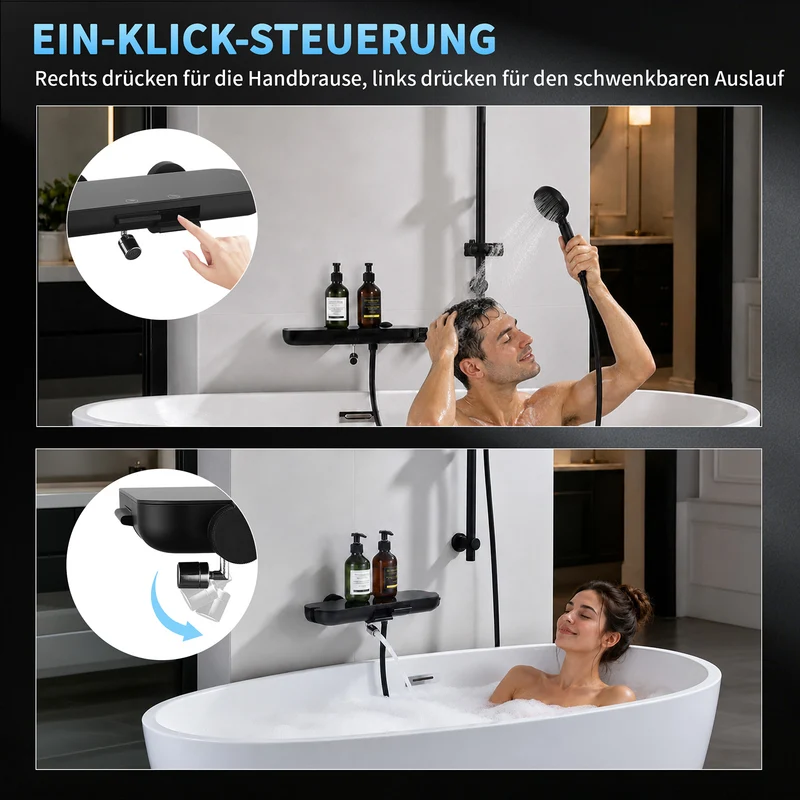 Homelody Brausegarnitur Badewannenarmatur Duschset mit Ablage, 5F Handbrause, höhenverstellbar, 3 Strahlart(en), 900 mm Höhenverstellbare Duschstange mit schwenkbarem Auslauf