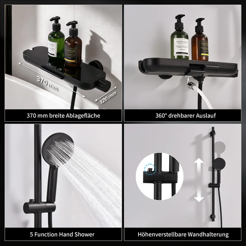 Homelody Brausegarnitur Badewannenarmatur Duschset mit Ablage, 5F Handbrause, höhenverstellbar, 3 Strahlart(en), 900 mm Höhenverstellbare Duschstange mit schwenkbarem Auslauf