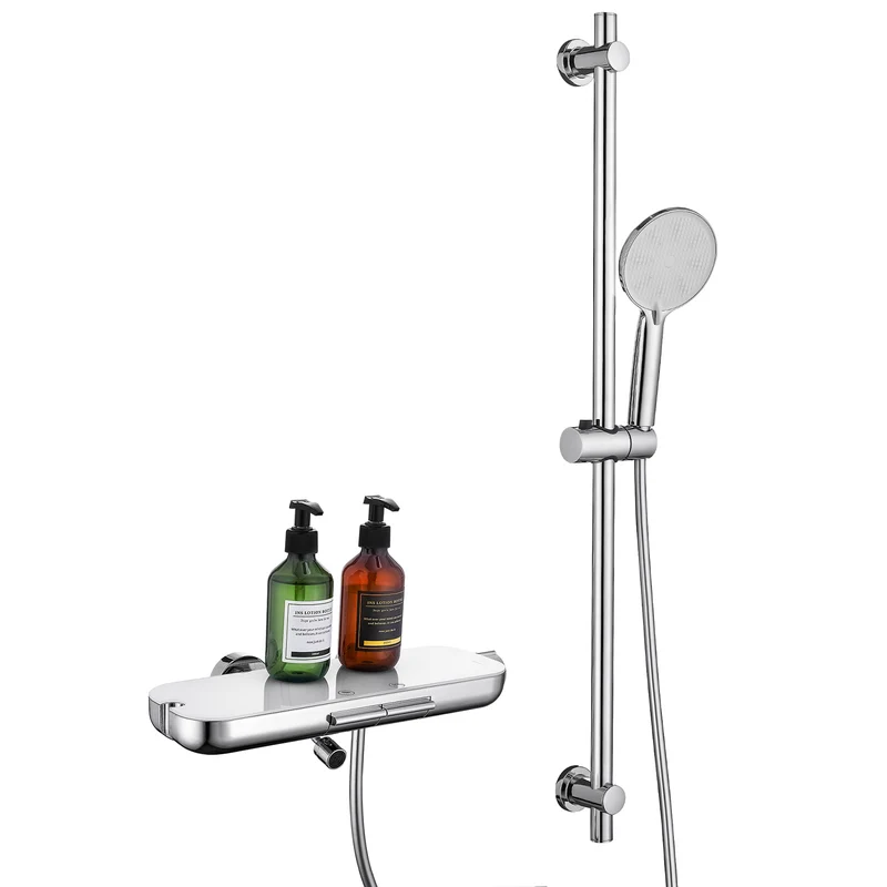 Homelody Brausegarnitur Badewannenarmatur Duschset mit Ablage, 5F Handbrause, höhenverstellbar, 3 Strahlart(en), 900 mm Höhenverstellbare Duschstange mit schwenkbarem Auslauf