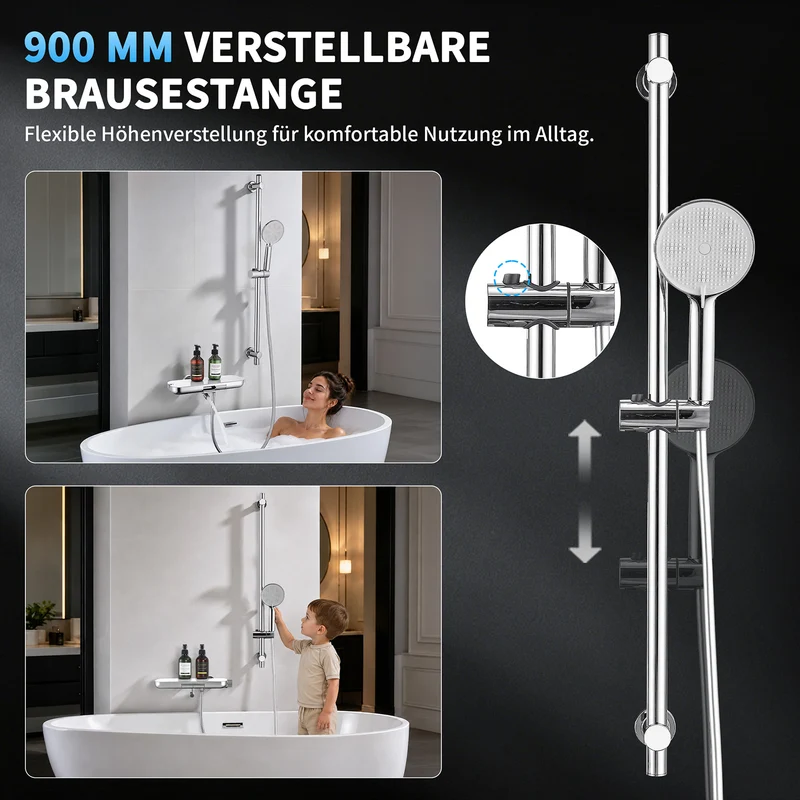 Homelody Brausegarnitur Badewannenarmatur Duschset mit Ablage, 5F Handbrause, höhenverstellbar, 3 Strahlart(en), 900 mm Höhenverstellbare Duschstange mit schwenkbarem Auslauf