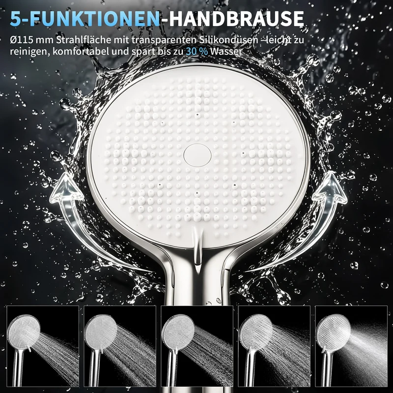 Homelody Brausegarnitur Badewannenarmatur Duschset mit Ablage, 5F Handbrause, höhenverstellbar, 3 Strahlart(en), 900 mm Höhenverstellbare Duschstange mit schwenkbarem Auslauf