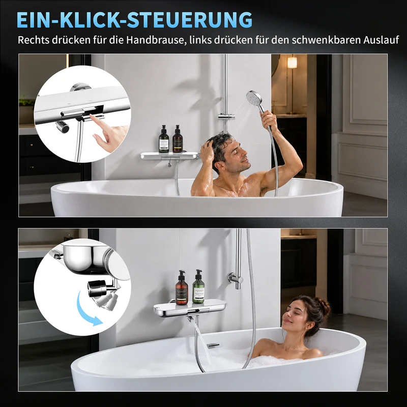 Homelody Brausegarnitur Badewannenarmatur Duschset mit Ablage, 5F Handbrause, höhenverstellbar, 3 Strahlart(en), 900 mm Höhenverstellbare Duschstange mit schwenkbarem Auslauf