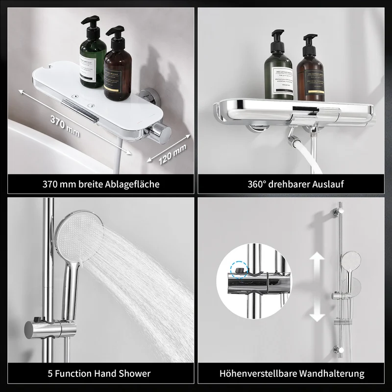 Homelody Brausegarnitur Badewannenarmatur Duschset mit Ablage, 5F Handbrause, höhenverstellbar, 3 Strahlart(en), 900 mm Höhenverstellbare Duschstange mit schwenkbarem Auslauf