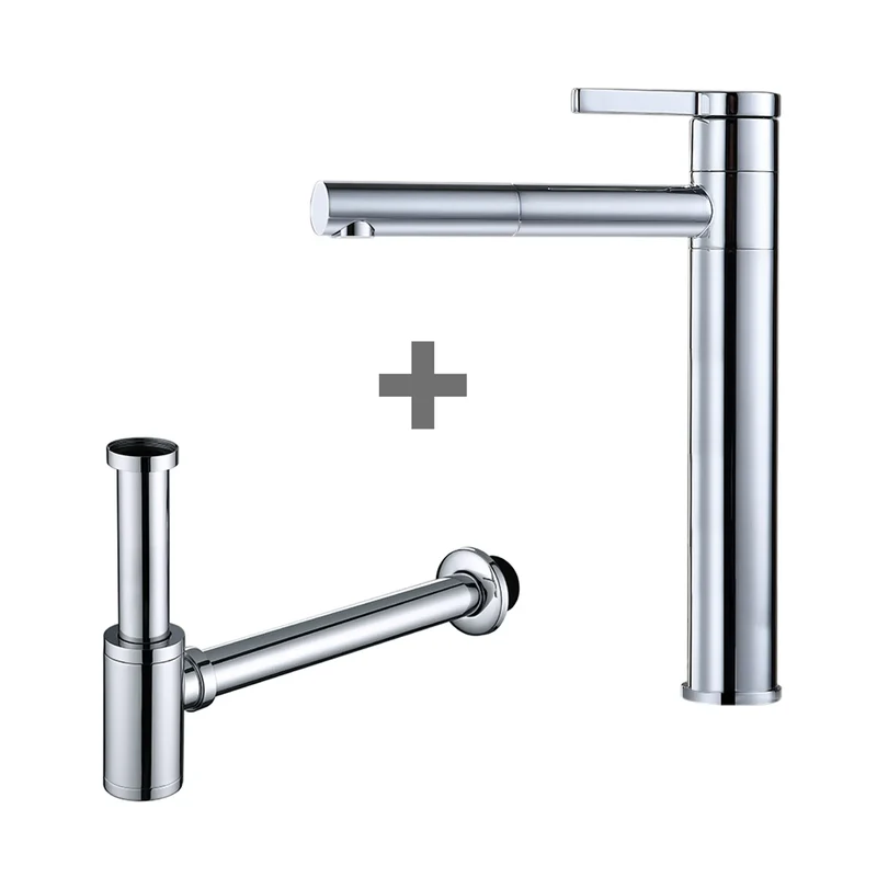 Homelody Badarmatur mit Röhrensifon Siphon, Wasserhahn Bad Armatur hoch 360° drehbar, 1-1/4 Siphon für Waschbecken höhenverstellbar