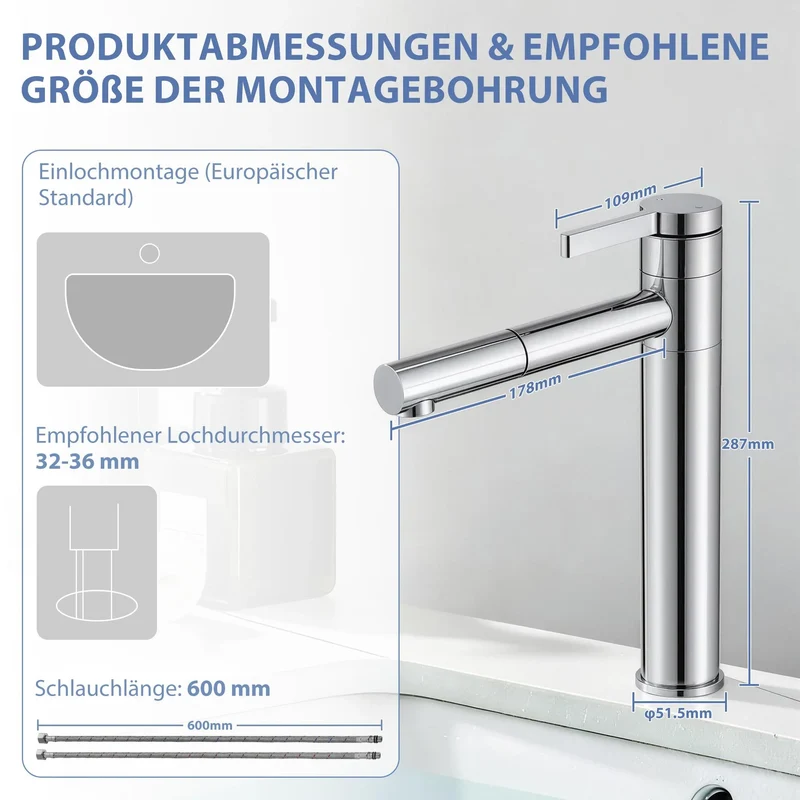 Homelody Badarmatur mit Röhrensifon Siphon, Wasserhahn Bad Armatur hoch 360° drehbar, 1-1/4 Siphon für Waschbecken höhenverstellbar