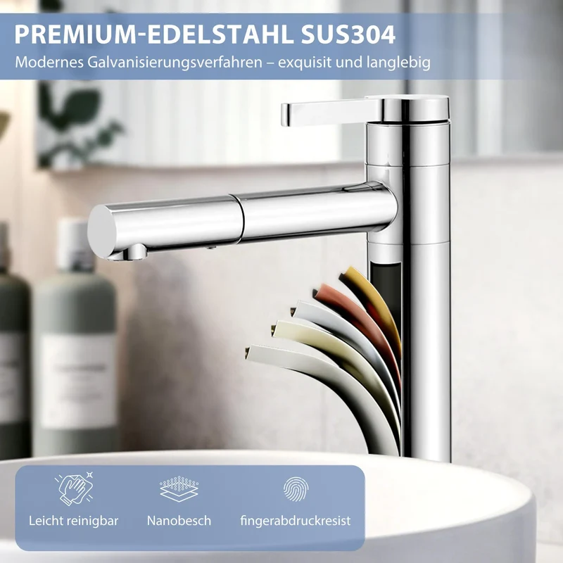 Homelody Badarmatur mit Röhrensifon Siphon, Wasserhahn Bad Armatur hoch 360° drehbar, 1-1/4 Siphon für Waschbecken höhenverstellbar