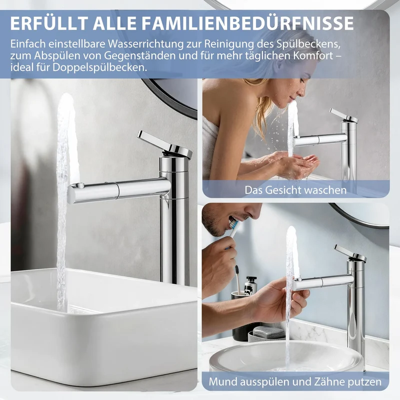 Homelody Badarmatur mit Röhrensifon Siphon, Wasserhahn Bad Armatur hoch 360° drehbar, 1-1/4 Siphon für Waschbecken höhenverstellbar