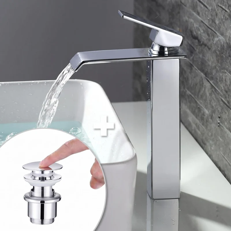 Homelody Wasserhahn Bad Wasserfall + Chrom Universal Ablaufgarnitur Pop-Up Ventil 1 1/4 Zoll Waschtischarmatur Mischbatterie Hoch aus Messing