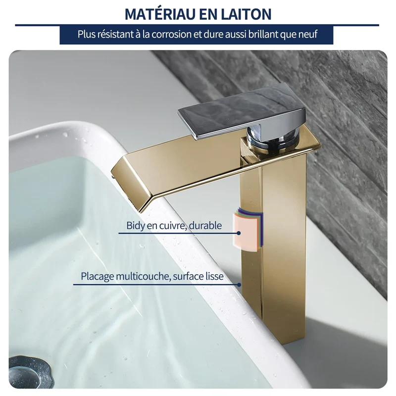 Homelody Wasserhahn Bad Wasserfall + Chrom Universal Ablaufgarnitur Pop-Up Ventil 1 1/4 Zoll Waschtischarmatur Mischbatterie Hoch aus Messing