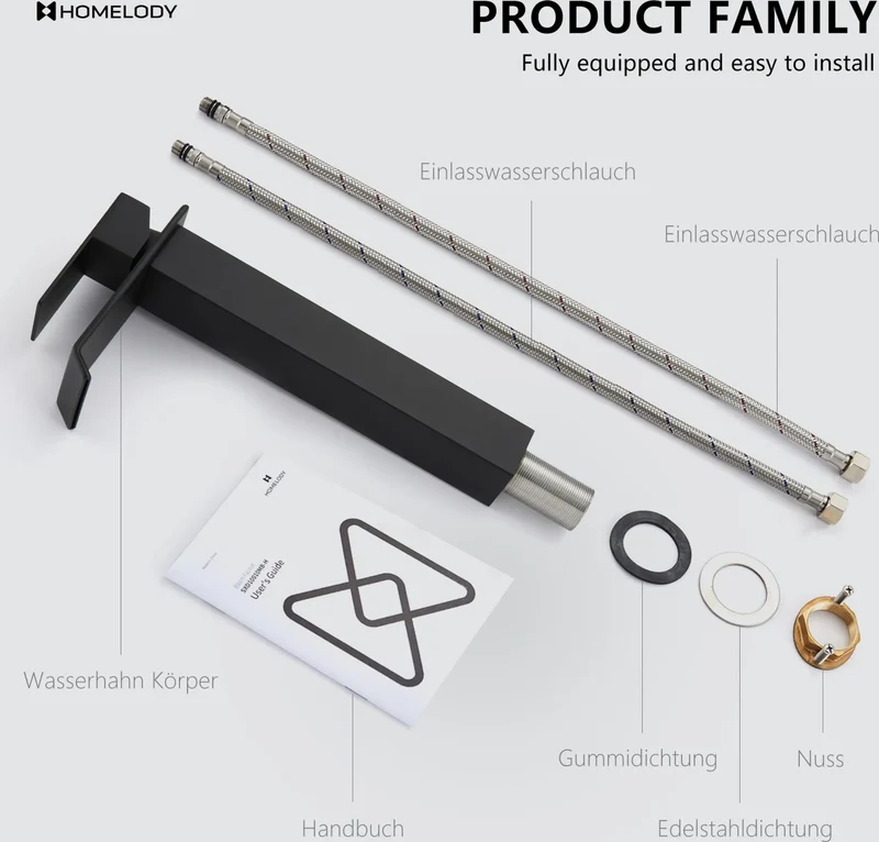 Homelody Wasserhahn Bad Wasserfall Badarmaturen Schwarz Hoch Einhandmischer Mischbatterie mit Ablaufgarnitur 1 1/4 Zoll Messing Ventil Ablauf