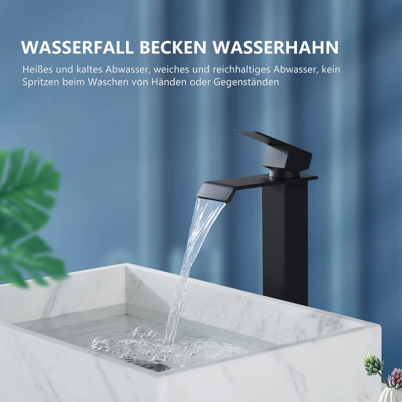 Homelody Wasserhahn Bad Wasserfall Badarmaturen Schwarz Hoch Einhandmischer Mischbatterie mit Ablaufgarnitur 1 1/4 Zoll Messing Ventil Ablauf