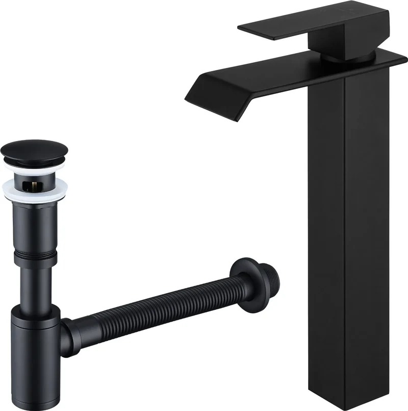 Homelody Wasserhahn Bad Wasserfall Badarmaturen Schwarz Waschbecken Mischbatterie mit Siphon Pop Up Ablaufgarnitur Überlauf Universal Röhrensiphon Set