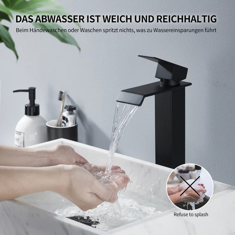 Homelody Wasserhahn Bad Wasserfall Badarmaturen Schwarz Waschbecken Mischbatterie mit Siphon Pop Up Ablaufgarnitur Überlauf Universal Röhrensiphon Set