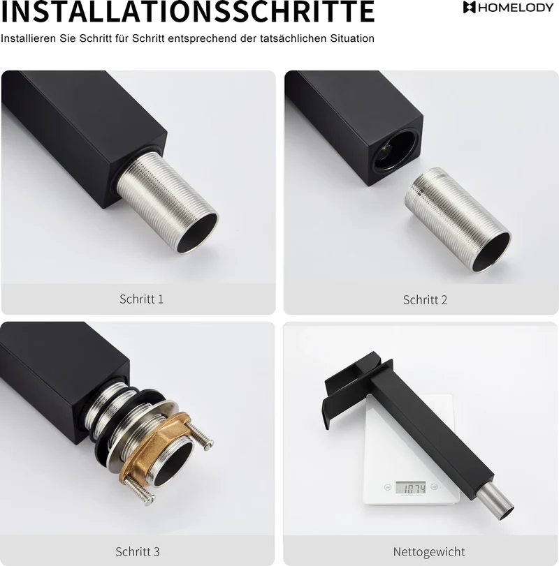 Homelody Wasserhahn Bad Wasserfall Badarmaturen Schwarz Waschbecken Mischbatterie mit Siphon Pop Up Ablaufgarnitur Überlauf Universal Röhrensiphon Set