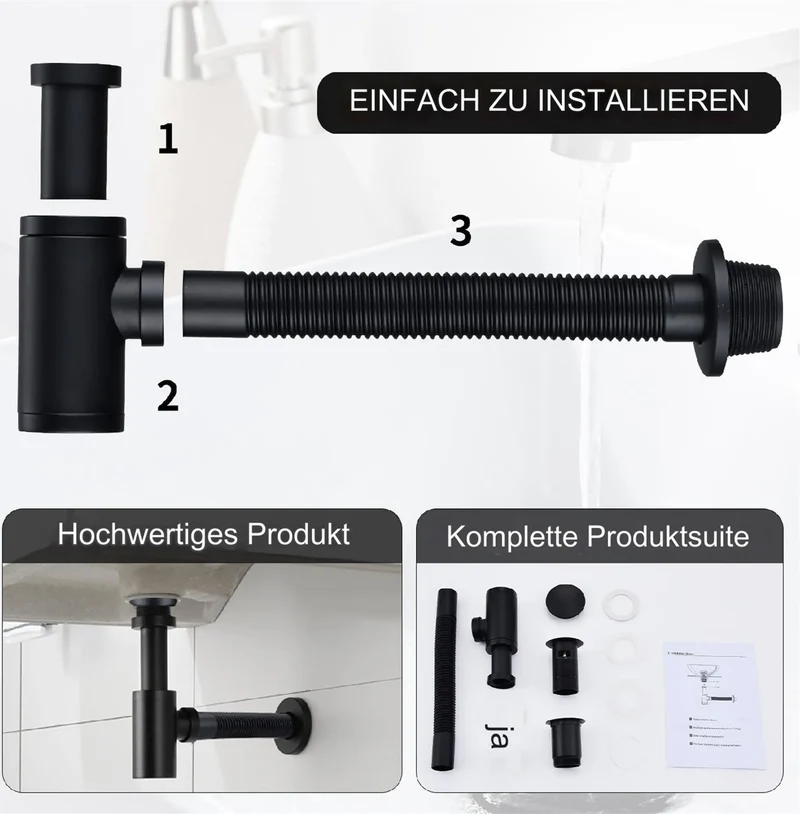 Homelody Wasserhahn Bad Wasserfall Badarmaturen Schwarz Waschbecken Mischbatterie mit Siphon Pop Up Ablaufgarnitur Überlauf Universal Röhrensiphon Set
