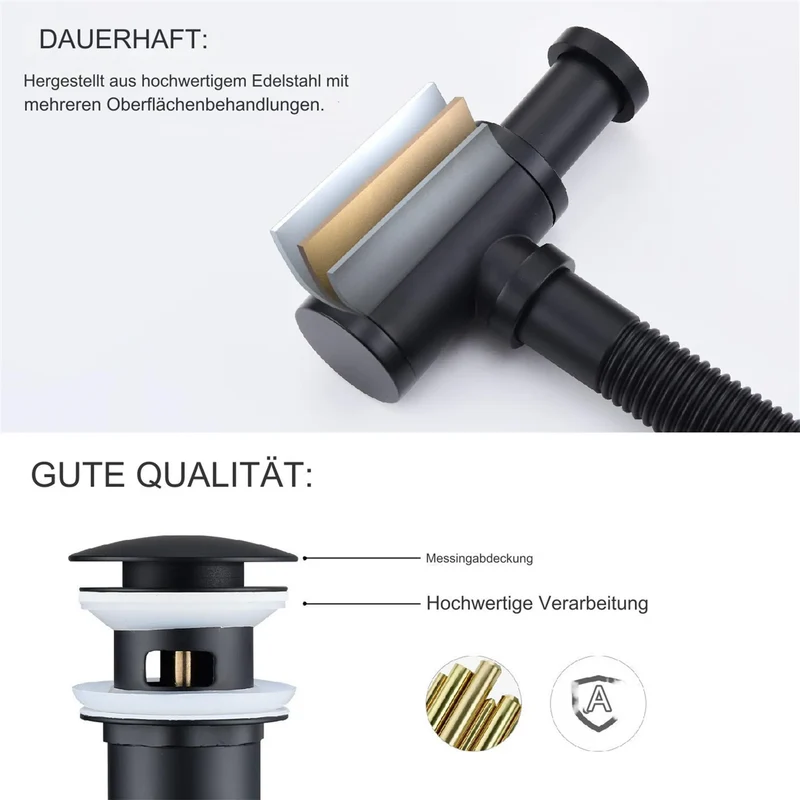 Homelody Wasserhahn Bad Wasserfall Badarmaturen Schwarz Waschbecken Mischbatterie mit Siphon Pop Up Ablaufgarnitur Überlauf Universal Röhrensiphon Set