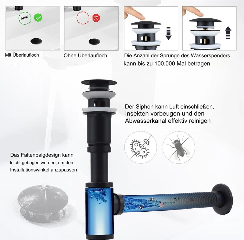 Homelody Wasserhahn Bad Wasserfall Badarmaturen Schwarz Waschbecken Mischbatterie mit Siphon Pop Up Ablaufgarnitur Überlauf Universal Röhrensiphon Set