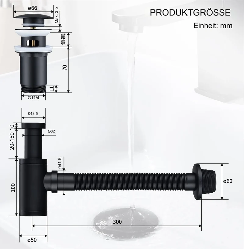 Homelody Wasserhahn Bad Wasserfall Badarmaturen Schwarz Waschbecken Mischbatterie mit Siphon Pop Up Ablaufgarnitur Überlauf Universal Röhrensiphon Set