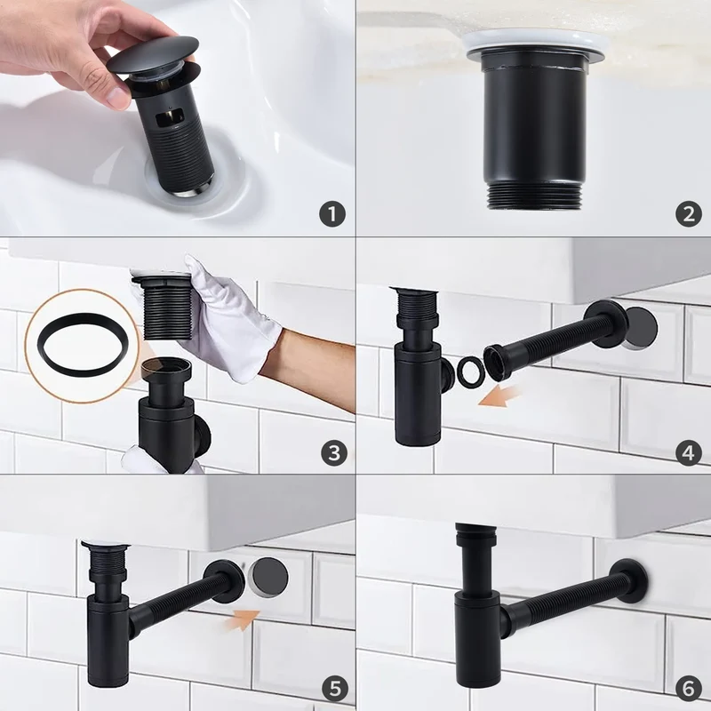 Homelody Wasserhahn Bad Wasserfall Badarmaturen Schwarz Waschbecken Mischbatterie mit Siphon Pop Up Ablaufgarnitur Überlauf Universal Röhrensiphon Set