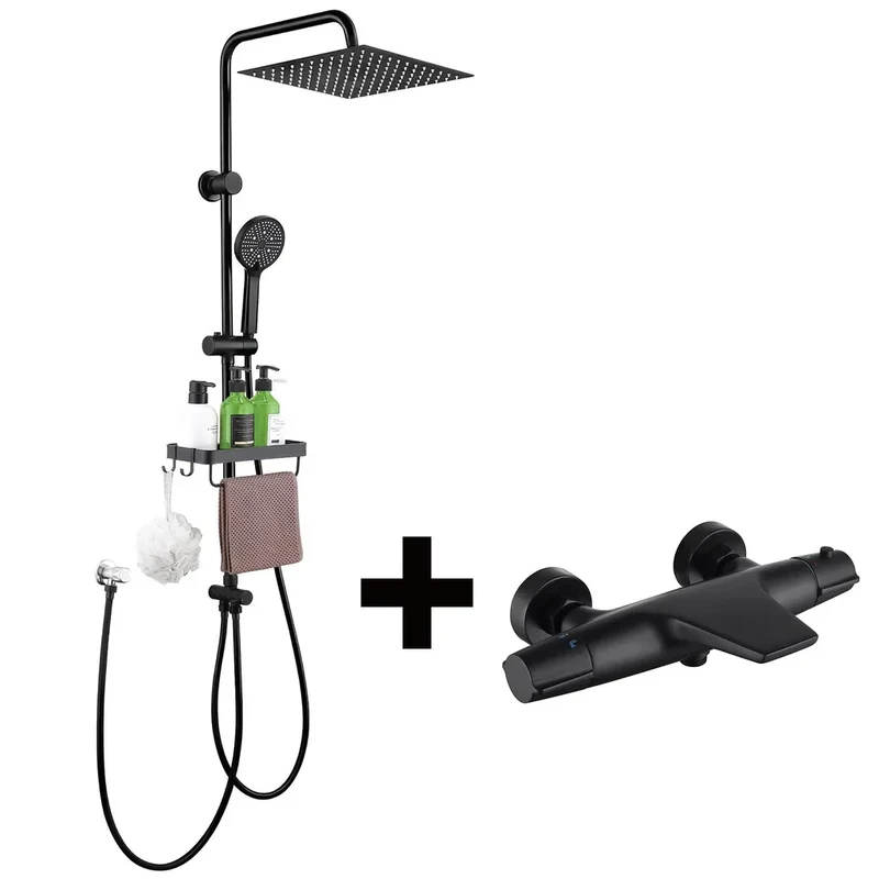 Homelody Duschsystem mit Thermostat Badewannenarmatur Ablage Regendusche Schwarz 30 cm Regendusche, 5 Strahlarten Handbrause, Duschablage mit Haken