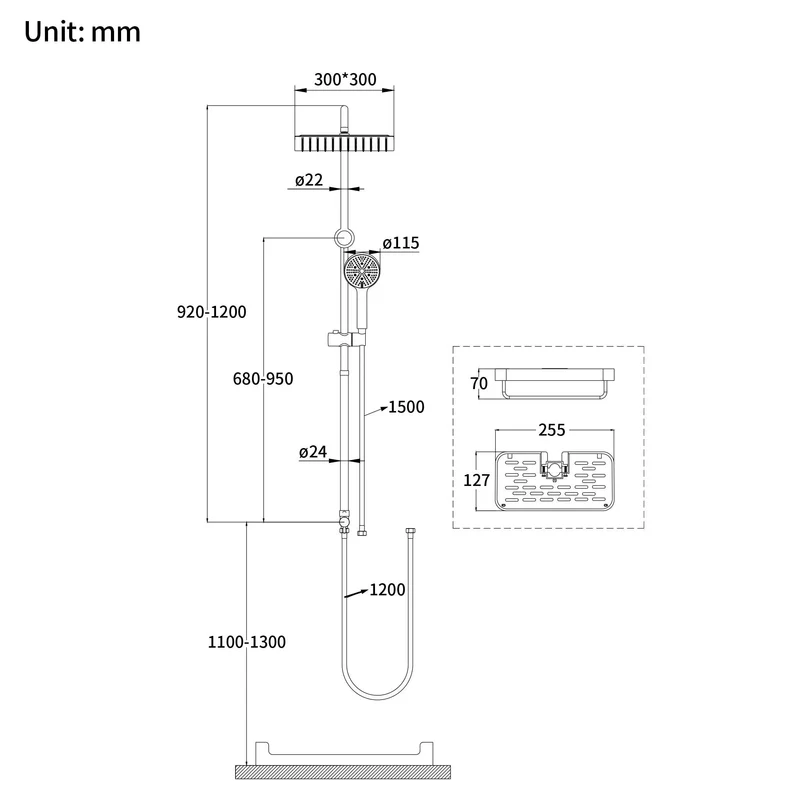Homelody Duschsystem mit Thermostat Badewannenarmatur Ablage Regendusche Schwarz 30 cm Regendusche, 5 Strahlarten Handbrause, Duschablage mit Haken