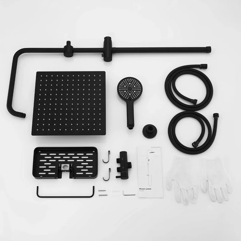 Homelody Duschsystem mit Thermostat Badewannenarmatur Ablage Regendusche Schwarz 30 cm Regendusche, 5 Strahlarten Handbrause, Duschablage mit Haken