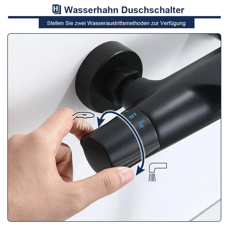 Homelody Duschsystem mit Thermostat Badewannenarmatur Ablage Regendusche Schwarz 30 cm Regendusche, 5 Strahlarten Handbrause, Duschablage mit Haken