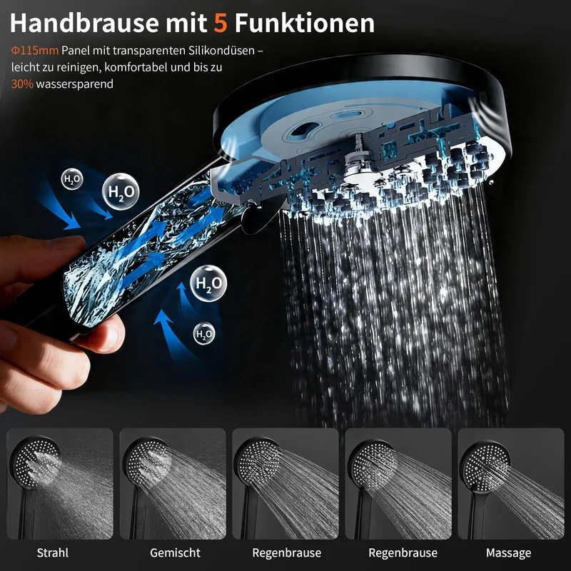 Homelody Duschsystem mit Badewannenarmatur Schwarz Regendusche 30 cm Regendusche Quadratische, 5 Funktionen Handbrause