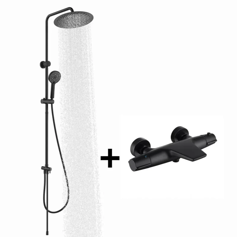 Homelody Duschsystem mit Thermostat Badewannenarmatur Schwarz Regendusche 30 cm Regendusche Runde, 5 Strahlarten Handbrause, Wasserfall-Auslauf
