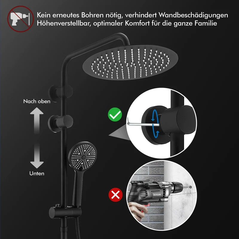 Homelody Duschsystem mit Thermostat Badewannenarmatur Schwarz Regendusche 30 cm Regendusche Runde, 5 Strahlarten Handbrause, Wasserfall-Auslauf