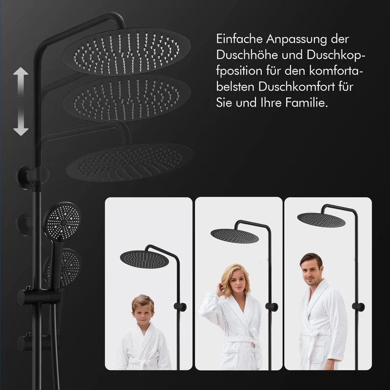 Homelody Duschsystem mit Thermostat Badewannenarmatur Schwarz Regendusche 30 cm Regendusche Runde, 5 Strahlarten Handbrause, Wasserfall-Auslauf
